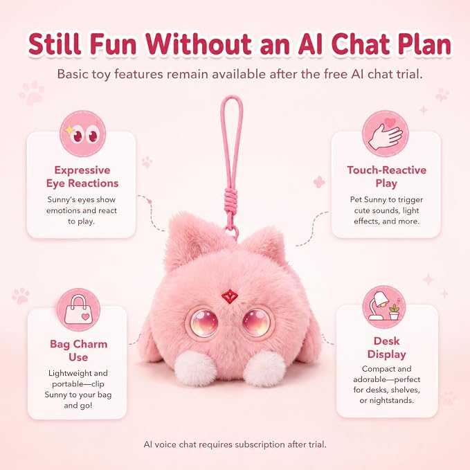 AI Plush Bag Charm, Interactive Voice Chat Companion Stuffed Animals with App-Connected, Expressive LED Eyes, Touch-Reactive Stuffed Toy, Cute Plush Keychain Gift for Teens and Plush Lovers