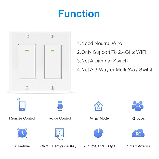 Smart Light Switch, 15A Smart Wifi Light Switch with Remote Control and Timer, Compatible with Alexa, Google home and IFTTT, No Hub required, Easy and Safe installation, ETL and FCC listed(2gang)
