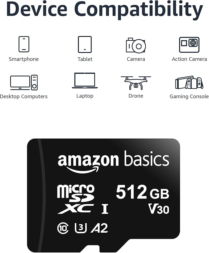 Amazon Basics microSDXC Memory Card with Full Size Adapter, A2, U3, Read Speed up to 100 MB/s, 512GB, Black