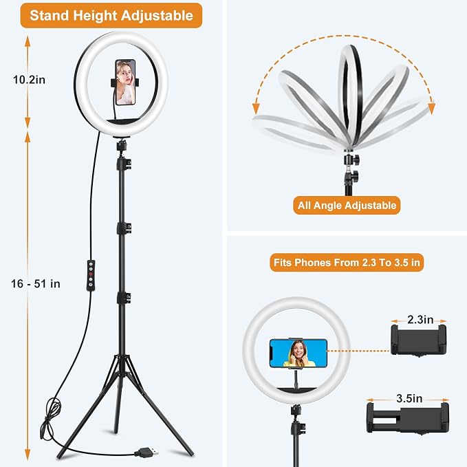 10.3" Selfie Ring Light with Stand and Phone Holder, 73" Tripod, 96 RGB Lighting Modes, Remote for iPhone &Android Camera. LED Halo Light for Photo, Video Recording, TikTok. Circle Ringlight Dimmable