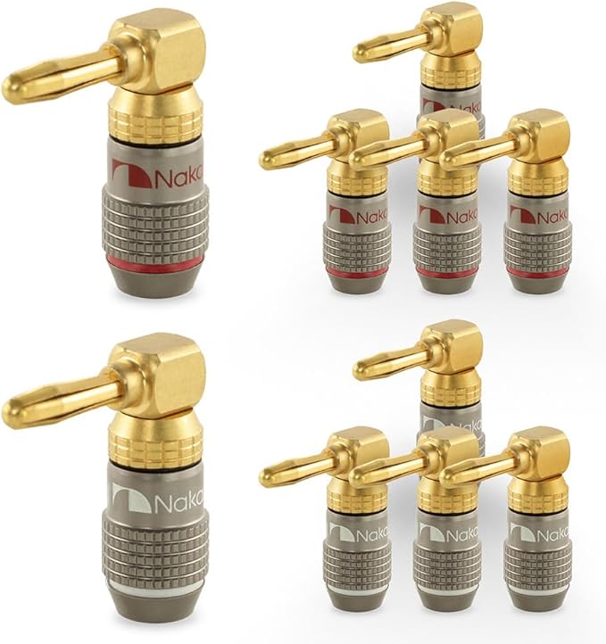 Nakamichi FanLock Excel Series 24k Gold Plated Right-Angle 90 Degree Banana Plug 10 AWG - 18 AWG Gauge Size 4mm for Speakers Amplifier Hi-Fi Home Theatre Wire Cable Quick Connector, 10 Pcs (5-Pairs)