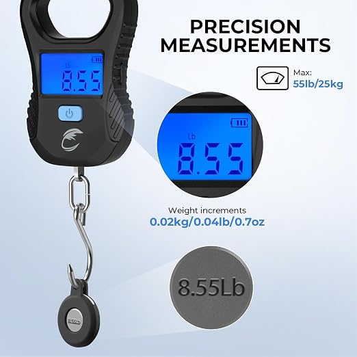 Calamus Lightweight Fish Scale – Rechargeable Digital Scale with USB Cable, 55lb Capacity, Multi-Units Pound/Ounces & Kilograms, High Accuracy, Backlight LCD Display, Fishing Gifts for Men