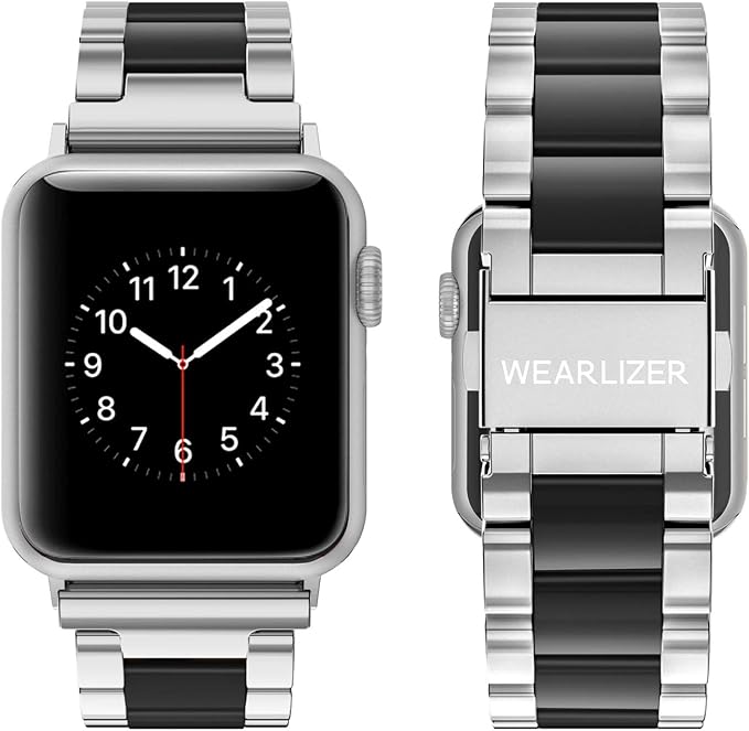 Wearlizer Compatible with Apple Watch Bands 42/44/45/46/49mm Men Womens Replacement Strap Silver Stainless Steel & Black Resin Wristband Fashion iWatch Series 11 10 9 8 7 6 5 4 3 SE/Ultra 3 2 1