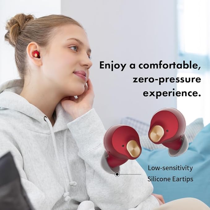 AVIOT TE-Q3 Small Active Noise Cancelling Wireless Earbuds, Bluetooth 5.3, Multipoint Connection, Built-in Mic, Medical Grade Silicone, Up to 42 Hours Playtime, IPX4 Waterproof (Red)