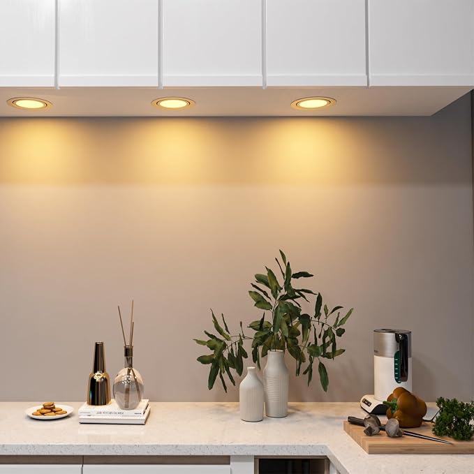 LED Puck Lights Wired Recessed Under Cabinet Lighting Dimmable,Halogen Bulb Retrofit Puck Light Plug in,60mm Cutout,3000k Warm White,12V Kitchen Counter, Book Shelves,Display Case,Curio Lamp,6pcs
