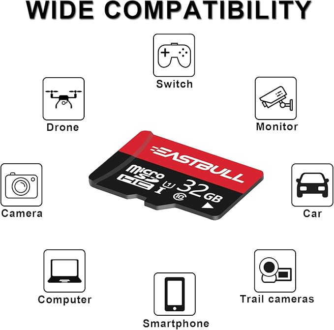 32GB 10-Pack of Micro SD Cards, EASTBULL SD Memory Cards 32GB SD Cards Pack Full HD Video 90MB/s UHS-I U1 Micro SDHC Class 10 for Surveillance Security Cam (10 Units and 2 Adapters)