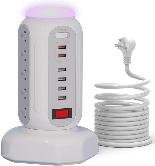 Multiple Outlets Power Strip Tower with Colorful Nightlight, 15 AC Outlets and 6 Fasting USB Ports, 6.5ft Extension Cord, 900J Surge Protector with Outlet Overload Protection for Home, Office (White)
