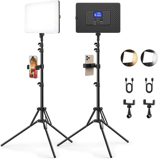 2 Pack Led Video Light Kit with Stand, Kmasic Photography Light Panel Built-in 8000mAh & LCD Display, 2200Lux 2500K-8500K Soft Studio Light for Video Recording Game Live Streaming YouTube TikTok