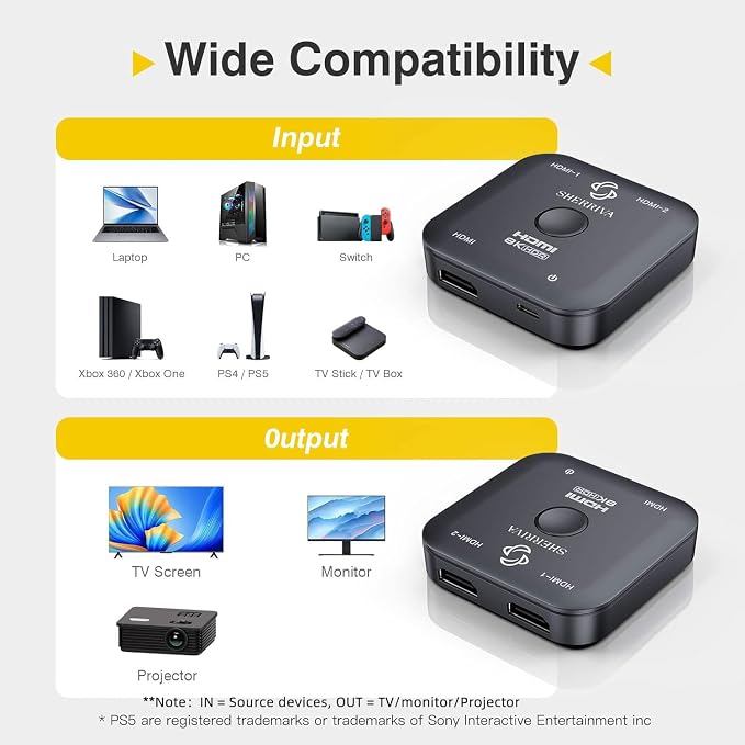 10K 8K HDMI Switch – 2 in 1 Out, Bi-Directional HDMI Switcher, 8K@60Hz, 4K@240Hz, Compatible with PS5, PS4, Xbox, Fire Stick, Apple TV, Projector