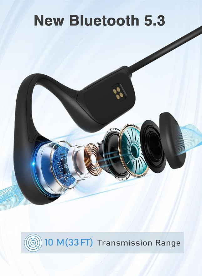 Bone Conduction Headphones for Swimming, IPX8 Waterproof Bluetooth 5.3 Open Ear Headphones with 32GB MP3 Player, 10H Battery, Built-in Mic for Running, Cycling, Workout