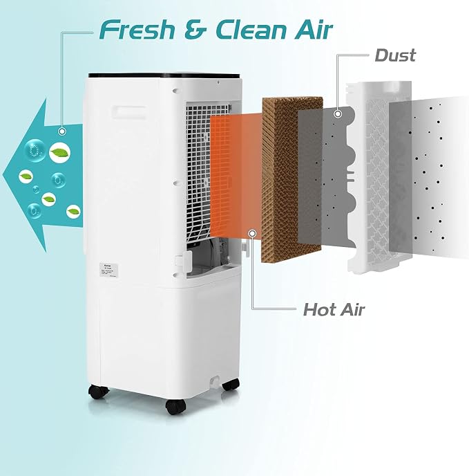 GOFLAME 4-IN-1 Evaporative Air Cooler, Portable Air Cooling Fan Air Humidifier with 4 Ice Packs and Remote Control, Quiet Swamp Fan with 3 Speeds & 4 Modes, 12L Water Tank, 7.5H Timer