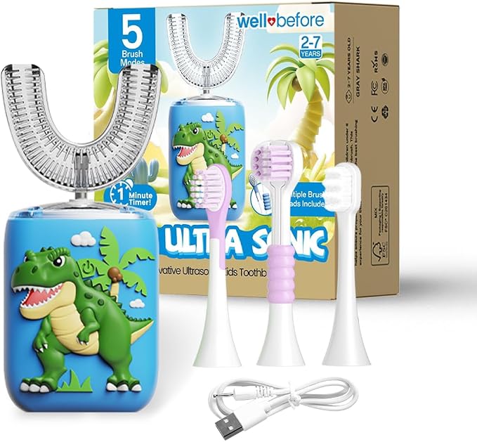 Well Before Kids U Shaped Electric Toothbrush with 5 Brush Heads, Ultrasonic, 5 Modes, IPX7 Waterproof Design (Dinosaur, Green, Ages 2-7)