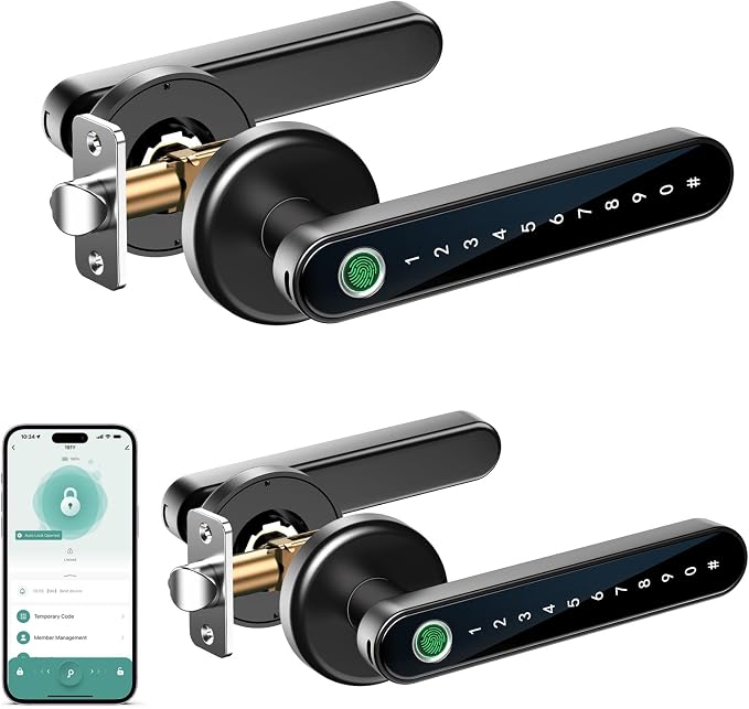 IRONZON Fingerprint Door Handle for Bedrooms - 2pcs 191Y 4-in-1 Fingerprint Door Lock with Keypad and App Control, Smart Knob for Bedroom with Key, Keyless Entry Door Handle - Black