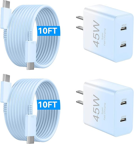 Phone 17 Charger Fast Charging, 45W Dual USB C Charger Block,USB C Wall Chargers with 10FT Long USBC Charging Cable Cord for Phone 17 16 15 Pro Max/17 16 15 Pro/Plus,Pad Pro/Air,S25/S24-Gradient Blue