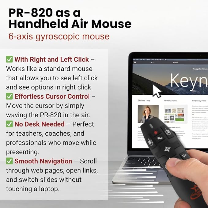 PR-820 Presentation Clicker for Mac – Smartboard Remote PowerPoint Clicker with Laser Pointer & Air Mouse, Compatible with Keynote, Google Slides, MacBook & PC