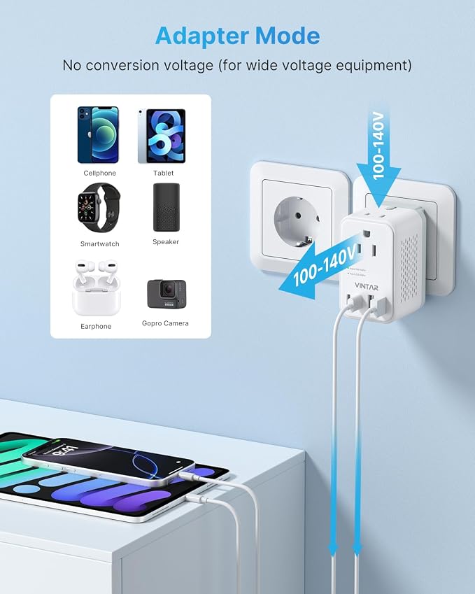 220V to 110V Voltage Converter US to Europe, VINTAR 2000W Detachable Power Converter Adapter Combo with Type A/C/G/I Plugs, International Travel Converter for Hair Dryer Straightener Curling Iron