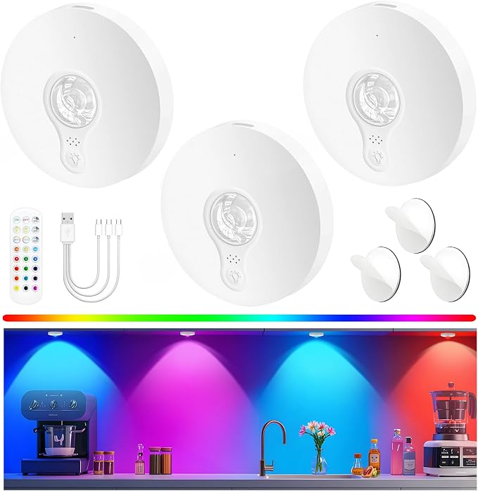 Rechargeable Puck Lights with Remote, 3 Pack Magnetic Under Cabinet Lighting, 1500mAh Battery Operated LED Tap Lights with Dimmer & Timmer for Kitchen, Closet, Shelf - 3 Color Temps & 12 RGB, White
