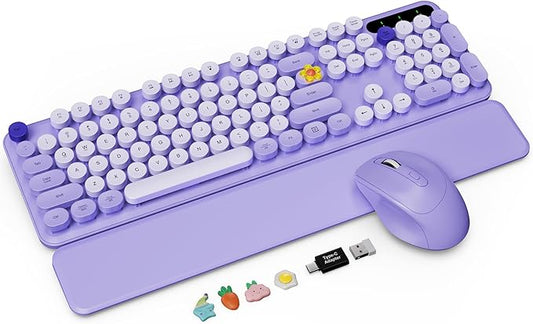 Wireless Keyboard and Mouse Combo with Detachable Magnetic Wrist Rest, Retro Typewriter-Style Keyboard, Round Keycaps, 3-Level DPI Ergonomic Mouse, 2.4GHz for Windows PC/Laptop (Lilac Purple)