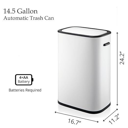 Kitchen Trash Can with Lid, Automatic Motion Sensor Trash Can for Kitchen Home Office, Bedroom, Living Room, Smart Garbage Can Touchless High-Capacity Waste Bin, 55L/14.5 Gallon, White