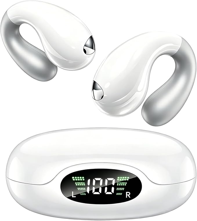 Upgraded Ultra Open Ear Earbuds - Lightweight Comfort Clip-On Wireless Bone Conduction Earbuds, Secure Fit & AI-Powered Clear Calls Bluetooth Open Ear Headphones for Work,Commute,Workout,Running,White
