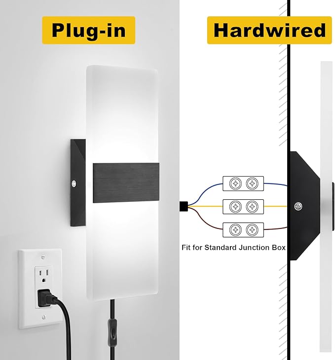 GOODATE Plug in Wall Sconce with Stepless Adjustable 3000K-6500K Colors and 10%-100% Brightness, 12W Acrylic LED Wall Light with Remote, Hardwire or Plug-in (1 Pack, Black)