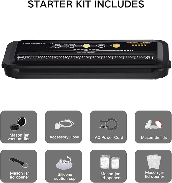 MEGAWISE Food Sealer w/Premium Kit with Accessory Hose for Wide and Regular Mouth Sealer, Dry & Moist Food Modes, Compact Design with 10 Vacuum Bags & 20 Mason Tin Lids. (Plus)