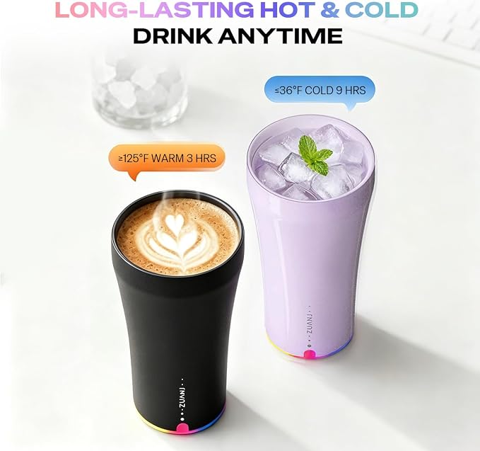 ZUANJ® Self-Stirring on the go Coffee Mug Travel Tumbler 13.5oz Automatic Magnetic Mixing LED Temperature Indicator IP67 Waterproof Keeps Hot 3Hrs & Cold 9Hrs USB-C Rechargeable Tea Protein Shakes