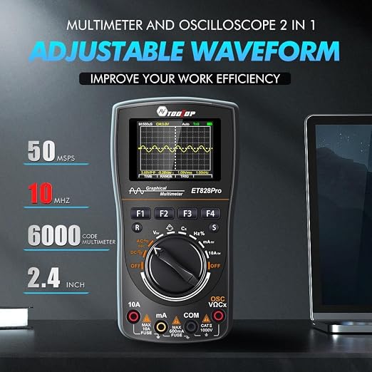 Portable Digital Multimeter Oscilloscope Automotive | 10MHz bandwidth. 50Msps sampling rate. 6000 counts display. Built in 250V explosion proof fuse. Stores 100 data sets.