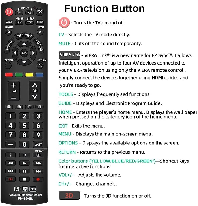 for Panasonic TV Remote Replacement, Compatible with All Panasonic LED/LCD/Viera Link/HDTV/ 3D Smart TVs