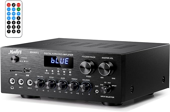 Moukey Stereo Receivers with Bluetooth 5.0, 2.0 Channel Power Audio Amplifier Stereo System w/USB, SD, AUX, RCA, MIC in w/Echo, LED for Karaoke, Home Theater Speakers, 400W Peak, 25W× 2 RMS- MAMP1