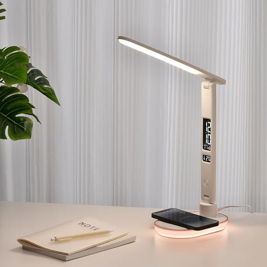 Multi Functional Table Lamp,Multifunctional Foldable Desk Lamp with Wireless Charging, Perpetual Calendar Display, Adjustable Angle, Night Light, and RGB Lighting,U20 White.