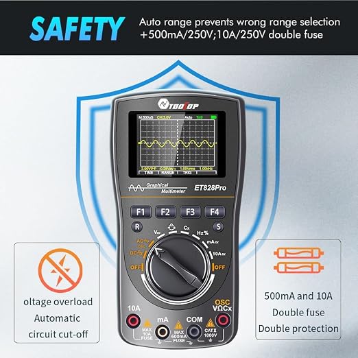 Portable Digital Multimeter Oscilloscope Automotive | 10MHz bandwidth. 50Msps sampling rate. 6000 counts display. Built in 250V explosion proof fuse. Stores 100 data sets.