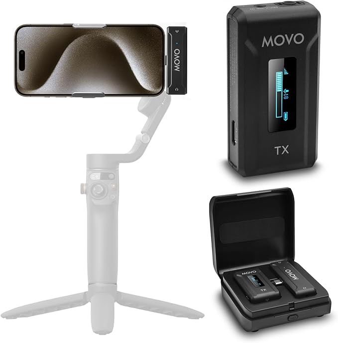 Movo WMX-2-C Wireless Microphone for iPhone 15/16 with Charging Case - 7HR Battery Wireless Lavalier Microphone for iPhone 15/16-328' Range USB C Lapel Mic