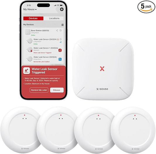 X-Sense Wi-Fi Water Leak Detector Kit, Smart Water Sensor Alarm with App Alerts and Ultra-Slim Design, Water Alarm Leak Detector for Basements, 4 Water Sensors and 1 Base Station, Model SWS0A41