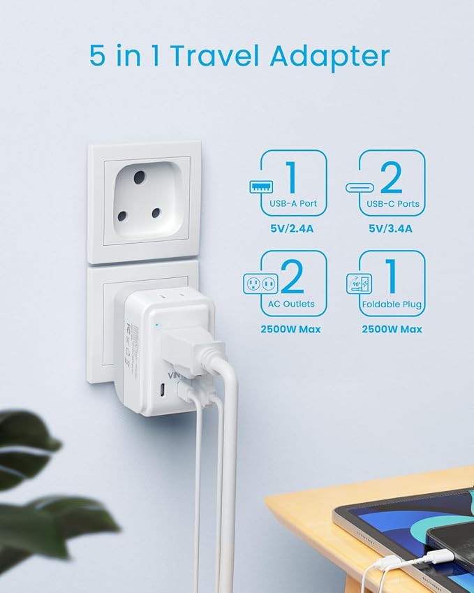 VINTAR Foldable Type M Adapter for South Africa - 2 Pack with AC Outlets & 3 USB Ports, Travel Essentials for US, Namibia, Nepal, Malaysia