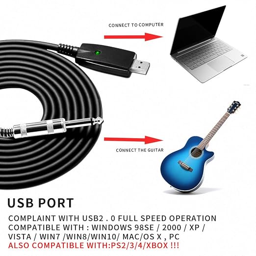 USB Guitar Cable USB to 6.35mm 1/4 Inch TS Audio Cable Guitar to Pc Interface for Instruments Recording Electric Guitar Cord 1/4 Inch Instrument Cable for Guitar, Bass and More - 10FT/3.1M