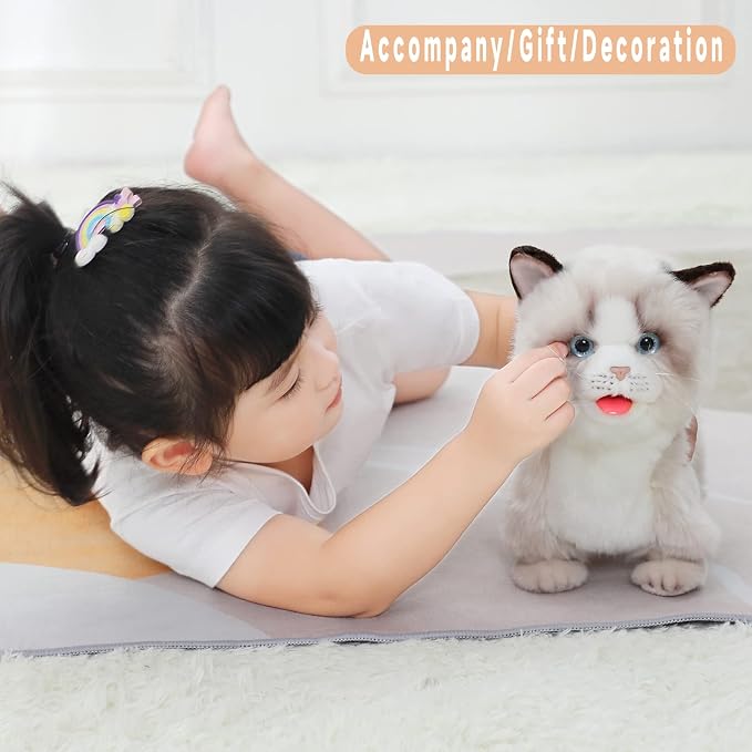 CU-MATE Electronic Stuffed Walking Cats, Realistic Interactive Pet Toy Cat, Walking, Barking, Wagging Tail & Talking, Present Gifts for 3+ Year (Ragdoll Cat)