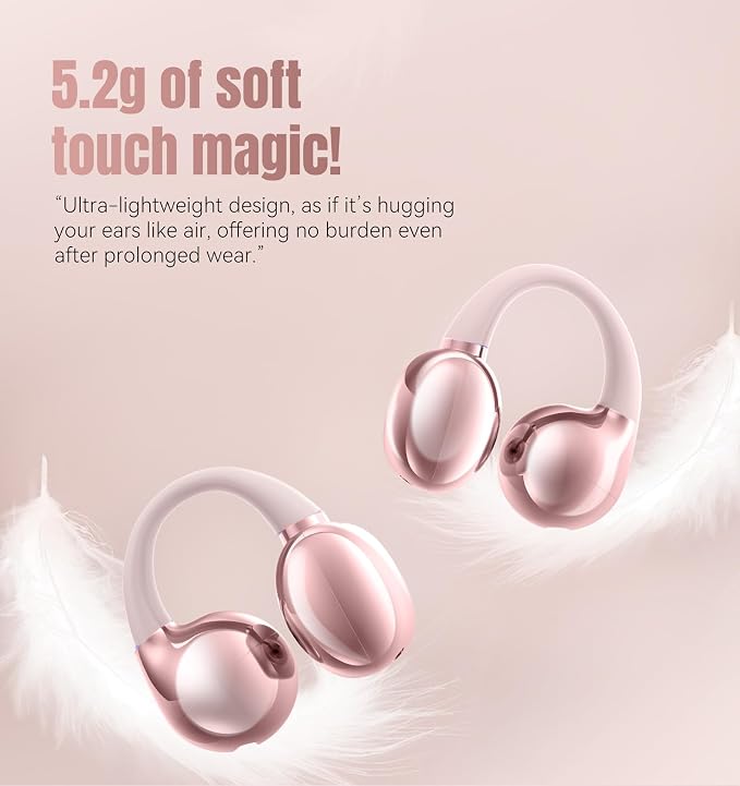 King Lucky Next-gen Clip on Earbuds Open Ear Wireless Bluetooth 6.0 Headphones with Mic,50H Play,ENC,IPX5 Waterproof,Sports Ear Buds,Comfortable for Small Ears&Fitness,Running (LED Display, Pink)