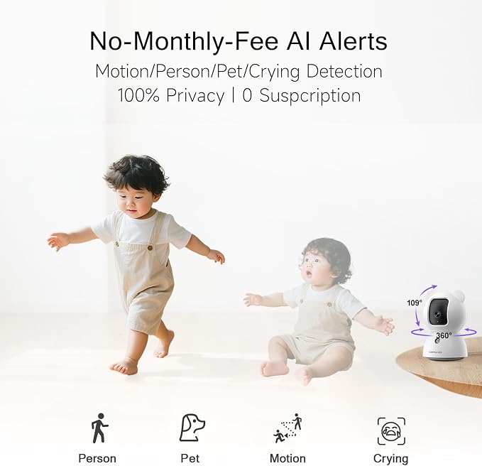 2.5K Indoor Camera 2pack, Free AI Person/Pet/Cry Detection, 4MP Pet/Dog/Cat/Baby Camera w/Phone App, Cameras for Home Security, Pan Tilt 2.4GHz WiFi, Night Vision, Full Duplex 2-Way Audio
