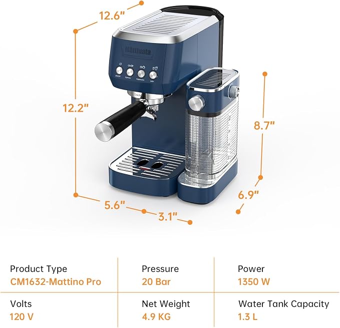 MAttinata Cappuccino Machine, Coffee Maker with Automatic Milk Frother | CM1632L, Blue, 20 Bar Espresso Machine, Adjust Milk Foam for Latte Art, Italian Pump, Compact for Home, Stainless Steel