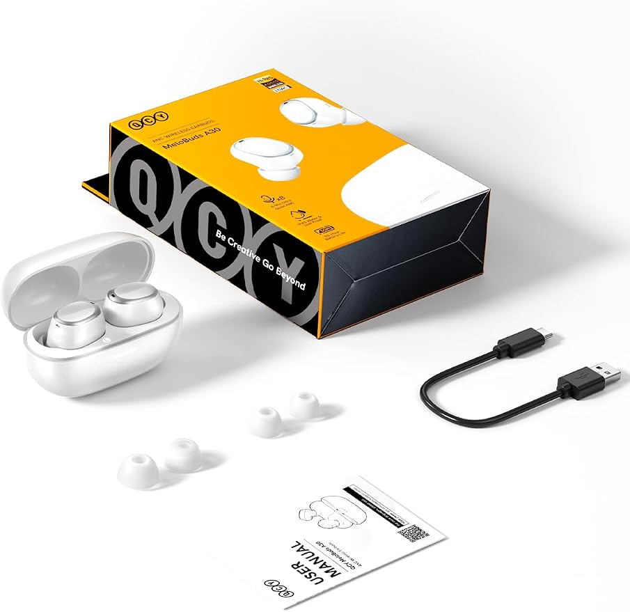 QCY MeloBuds A30 Aadptive Active Noise Cancelling Wireless Earbuds, 8 Mics ENC Clear Call Ear Buds, 60dB ANC Hi-Res Audio Bluetooth 6.0 Headphones, Comfort Lightweight, IPX5 Waterproof Earphone