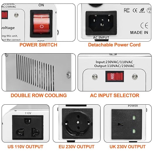 Yinleader 110V to 220V OR 220V to 110V Voltage Converter Step Up/Down Transformer 800W with US/UK/EU Power Cords