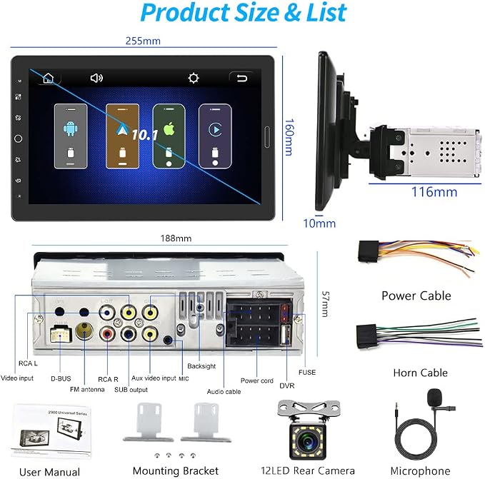 Hikity 10.1 Inch Single Din Car Stereo with Carplay Android Auto, Detachable Touch Screen Car Radio, Bluetooth FM Car Audio Receiver Support Mirror Link TF AUX USB SWC DVR Backup Camera