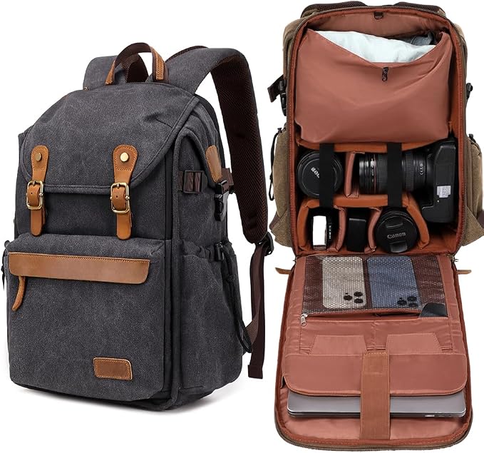 Vintage Canvas Camera Backpack (Charcoal Black) for DSLR/Mirrorless & Drone, Waterproof Photography Bag with 16" Laptop Compartment, Large Capacity Travel Camera Bag for Photographers
