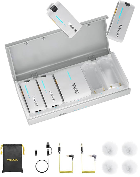 7RYMS iRay DW40 4-Channel Wireless Lavalier Microphone with Noise Cancellation, 656ft Range, 12.5H Working, Wireless Laple Mic for iPhone, DSLR Camera, Android, Video Recording Podcast Live-Stream