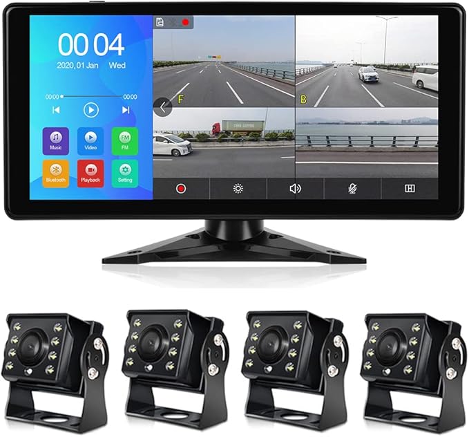 EVERSECU Car Backup Cameras System with 4K 10.36" Touch Screen Quad Display Monitor & 4pcs 1080P Backup AHD Cameras, MP5 Player, Vehicle DVR Recorder for RV/Truck/Bus/Trailer/Camper/Van