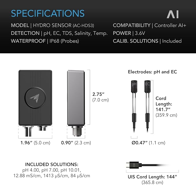 AC Infinity Hydro Sensor, Environmental Sensor for Controller AI+, Manage pH, EC, TDS and Water Temp for Grow Tents, Unlock Automations for Equipment Programming in Hydroponics, Aquariums, and Pools