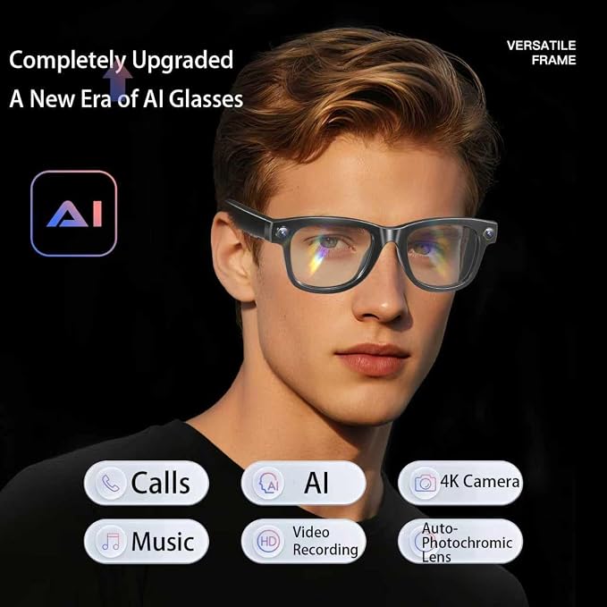 AI Smart Glasses with 4K Camera & Audio | Bluetooth Video Recording Sunglasses with ChatGPT Translation, Voice Control, EIS Stabilization, Object Recognition, Smart Glasses for Men & Women (Black-Q6)