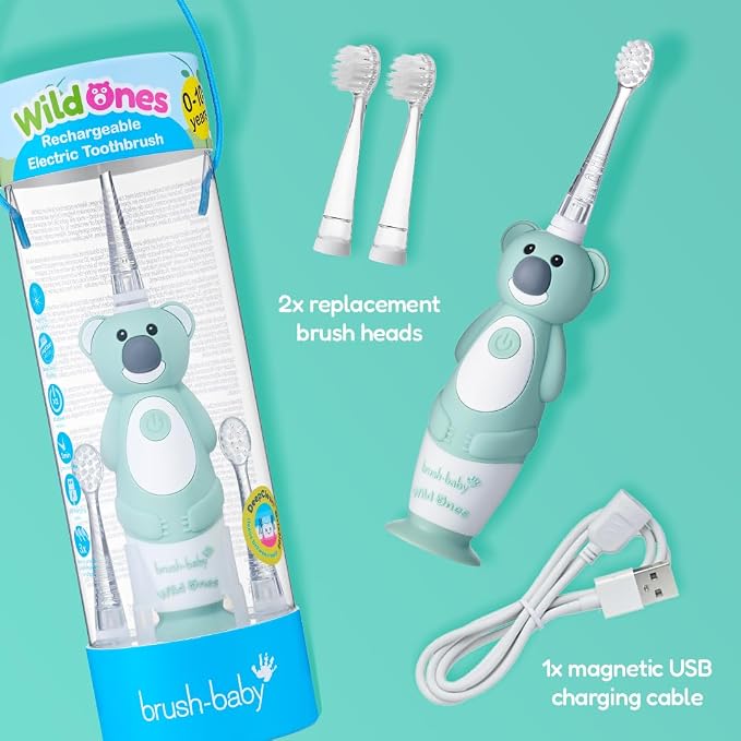 BrushBaby - WildOnes - Kids Rechargeable Electric Toothbrush, Ages 0-10 - Koala Design with Flashing Lights - DeepClean Bristles for Superior Cleaning - 2 Replacement Brush Heads, 1 USB Cable