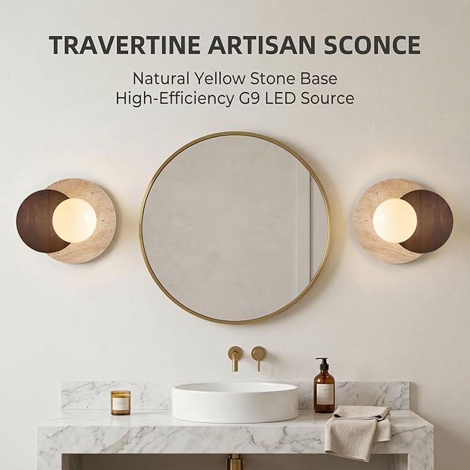 Marble Wall Lamp, Bathroom Vanity Light Fixtures, Wall Mount Lamp, Over Mirror, Stone Wall Sconces, Vintage Wall Light with Wood and Stone Shade, for Porch Workshop Kitchen Living Room